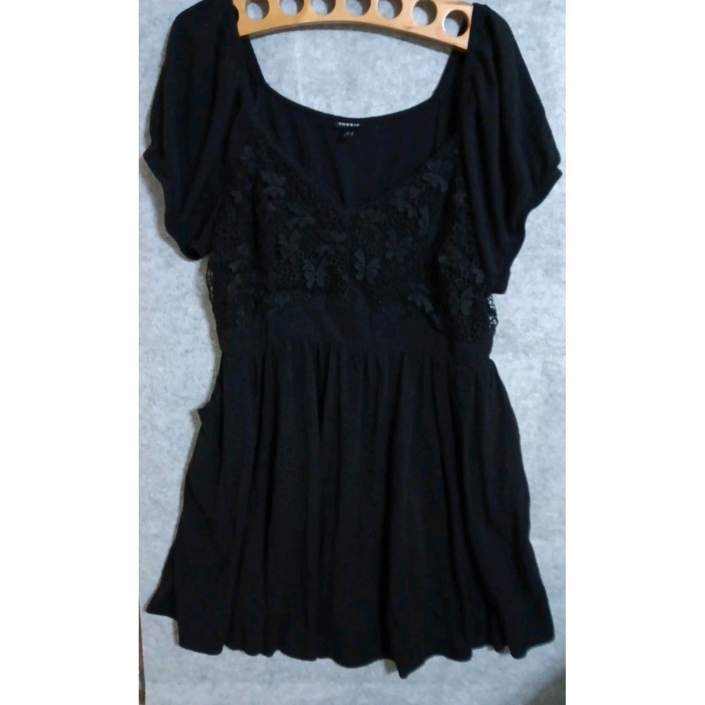 Torrid Black Sweetheart Eyelet Mini Dress Sz 2 L Goth Fairy Puff Sleeve Pockets